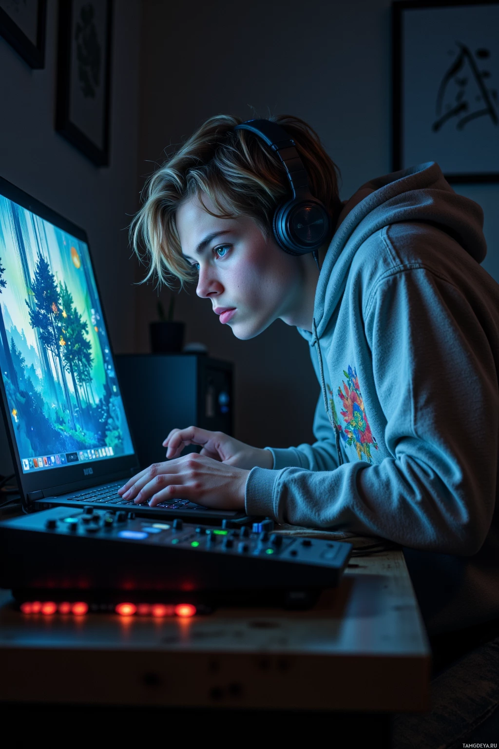 Realistic high quality photo. Young man with pale skin, messy light‑brown hair, blue eyes, wearing an oversized light‑gray hoodie with abstract graphics and faded denim pants, hunched over a desk in a dimly lit apartment at midnight, focused on a laptop screen showing a glitching synth interface and projected pixelated forest imagery, headphones on, surrounded by synth hardware and a faint glow from the monitor.