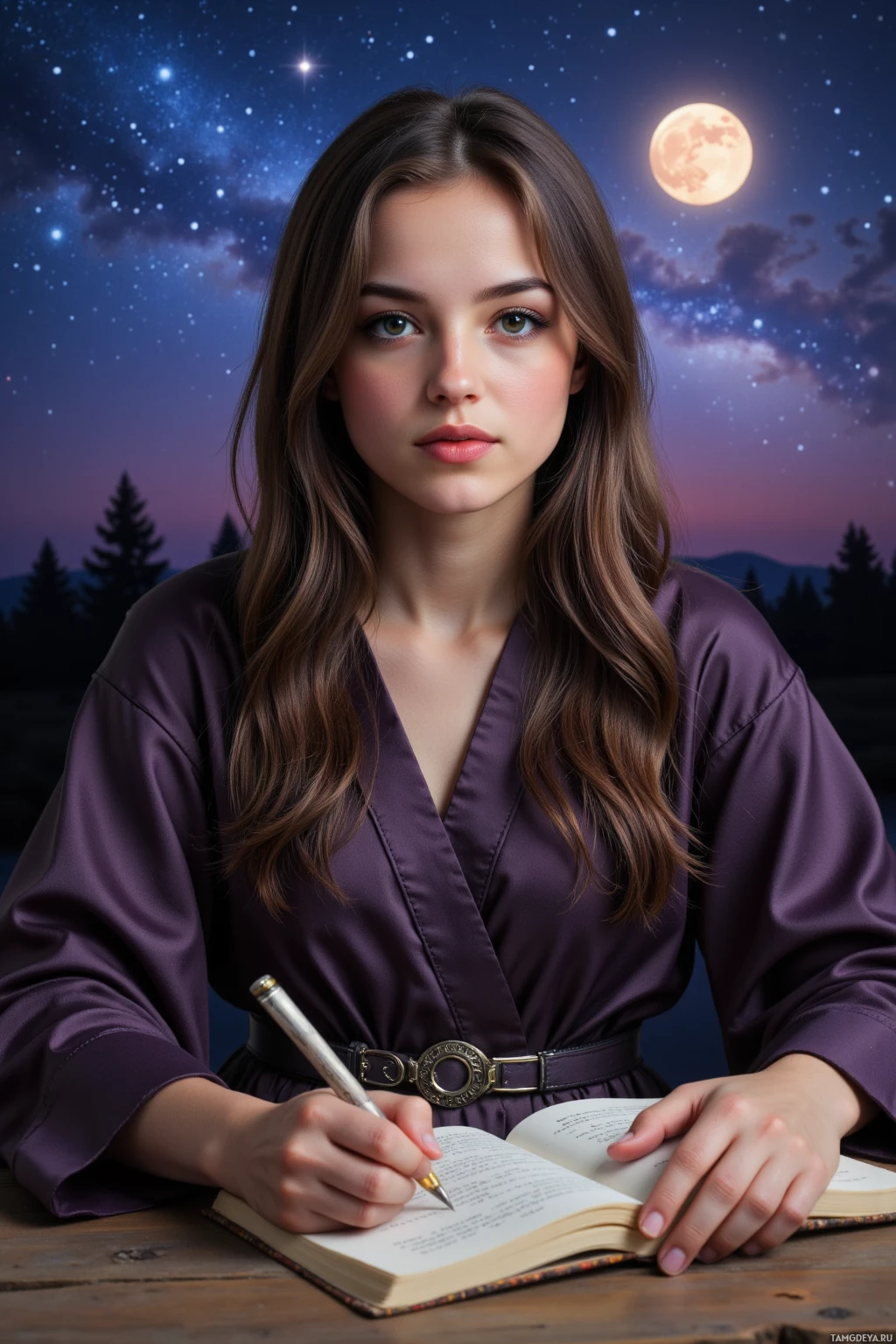 Realistic high quality photo. A 29-year-old woman with long dark brown hair, violet eyes, radiant golden skin, wearing flowing dark purple robes cinched with a silver belt, sits at a wooden desk under a starry night sky with the Milky Way visible, writing in a charcoal‑lined notebook while a full moon illuminates her calm, confident expression as an astrologer.