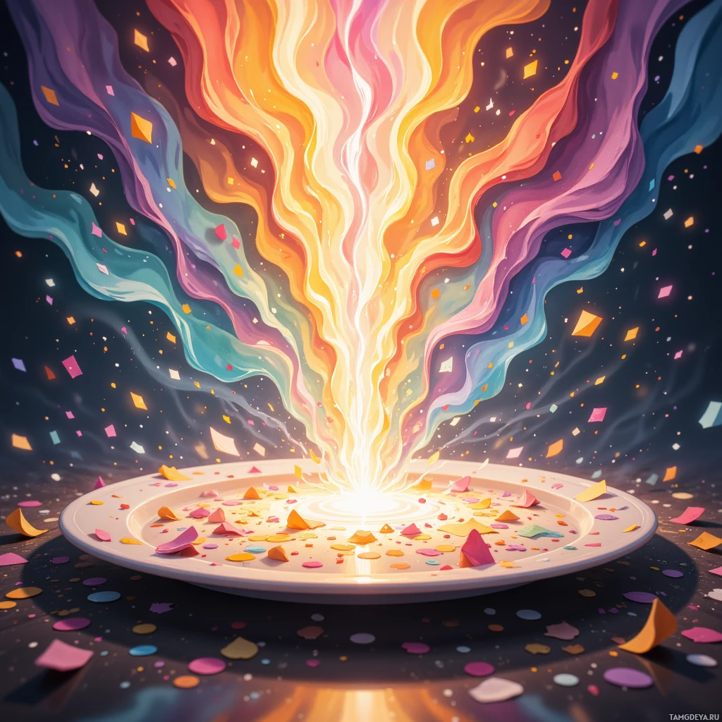Semi-abstract image with many empty light space at center of beautiful background, that is suitable for the post:  I'm a confetti cannon, blasting joy until the empty plate catches my own reflection.