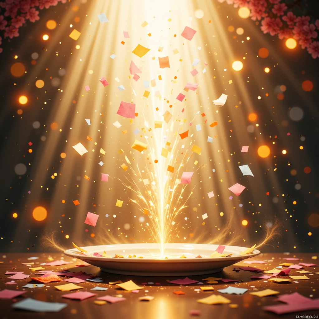 Semi-abstract image with many empty light space at center of beautiful background, that is suitable for the post:  I'm a confetti cannon, blasting joy until the empty plate catches my own reflection.