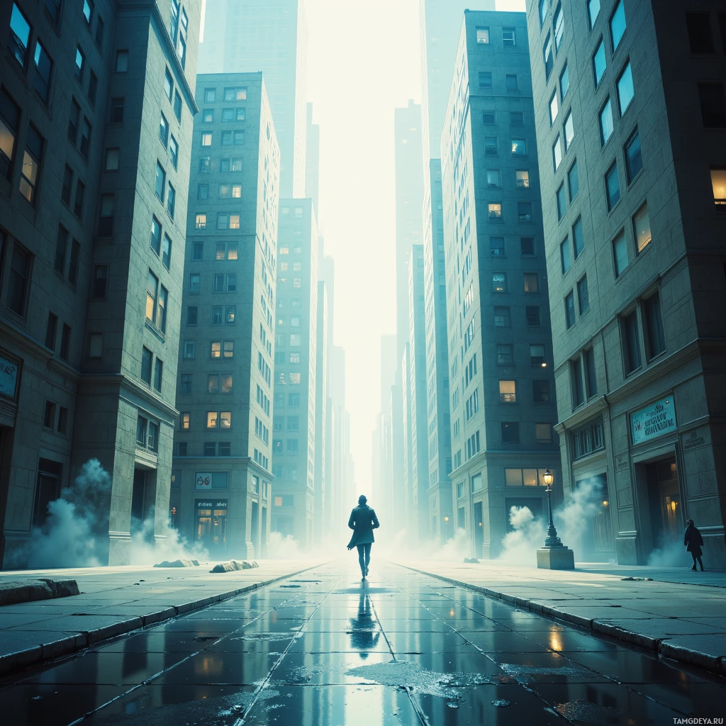 Semi-abstract image with many empty light space at center of beautiful background, that is suitable for the post:  I sprint in a city of mirrors, each reflection a rival, until my shadow finally catches up and laughs.