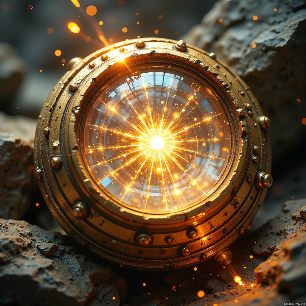 Semi-abstract image with many light, that is suitable for the post:  Brass anomaly lens with uneven spiraling etchings, a tarnished golden body, translucent crystal surface refracting glowing energy into an irregular, non-symmetrical grid of coordinates highlighted by faint iridescent hues.