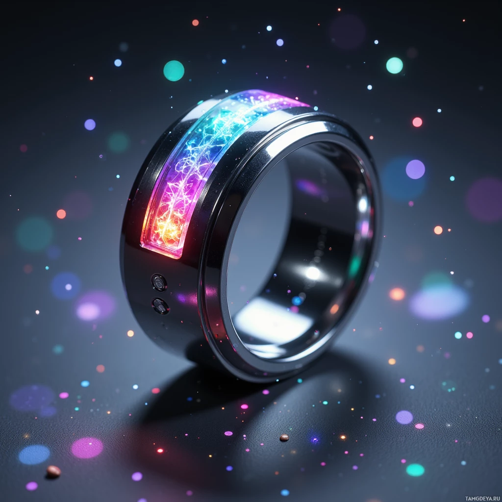 Semi-abstract image with many light, that is suitable for the post:  sleek silver smart ring with a polished metal band, a translucent embedded LED strip pulsing rainbow colors, miniature glitter motifs, and a compact sensor array, all wrapped in a minimalist, modern jewelry aesthetic.