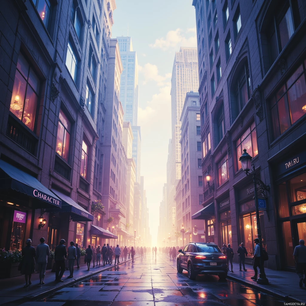 A bustling city street lined with tall buildings and illuminated by a bright, golden sky.
