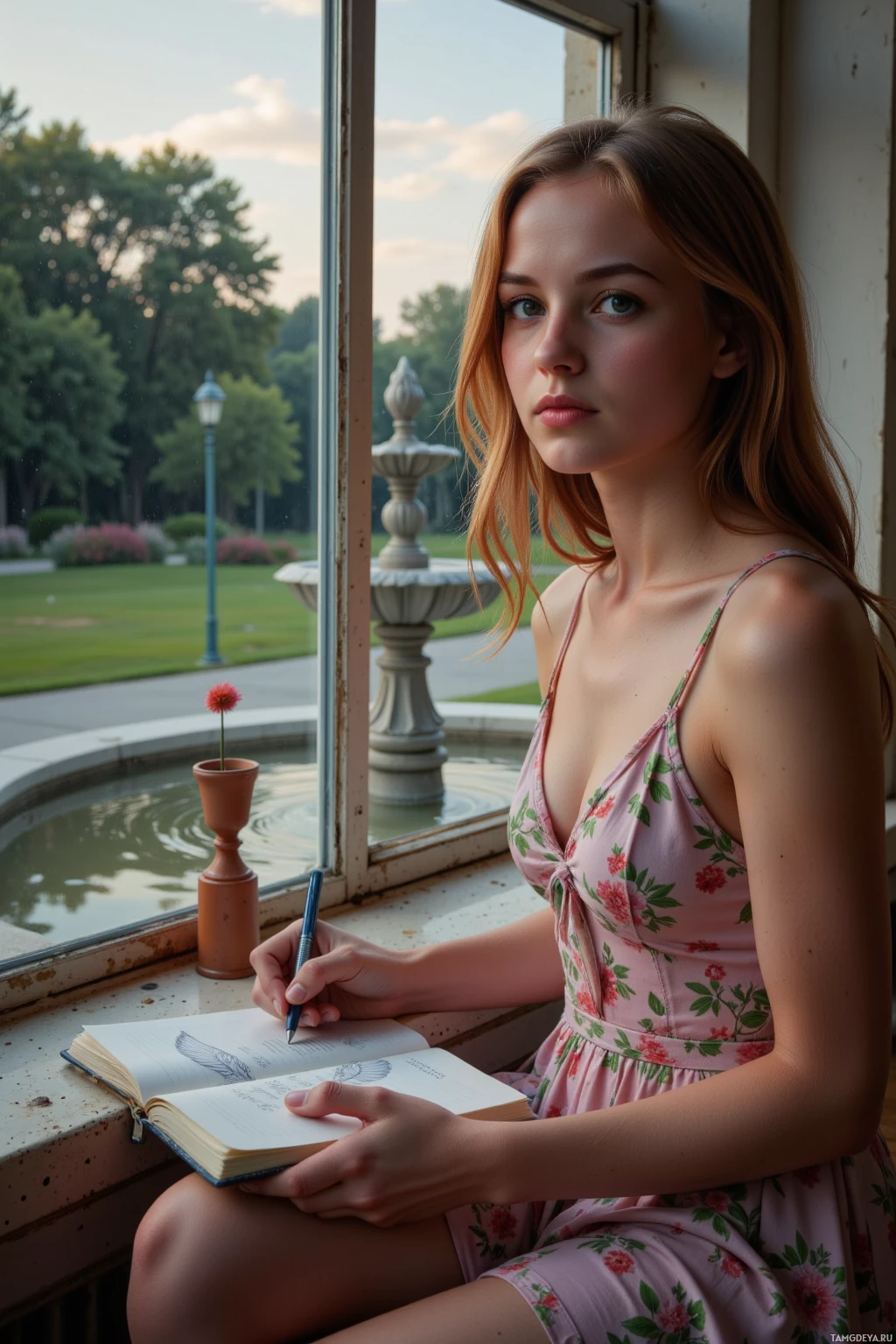 A woman in a floral dress sits by a window, holding a pen and notebook, with a fountain and garden visible outside.