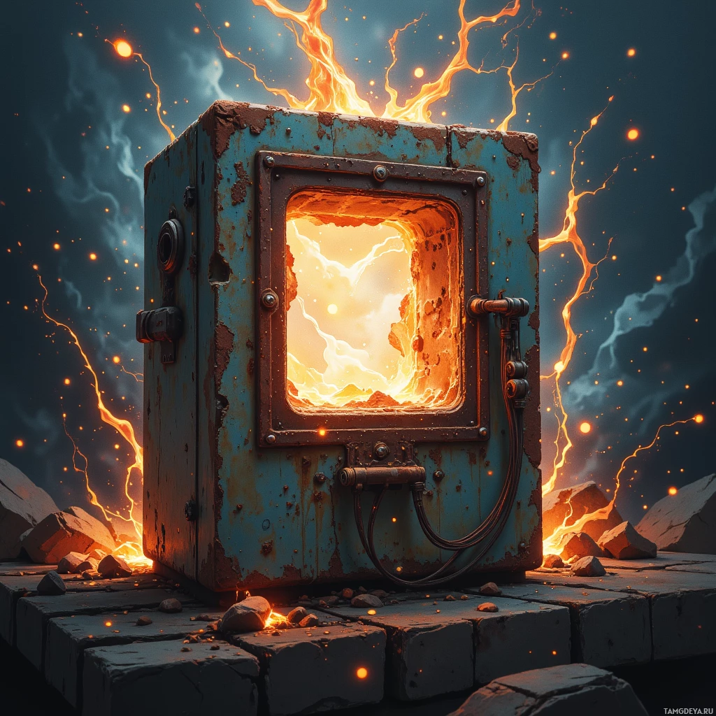 A rusted, glowing box with a fiery interior and lightning effects.