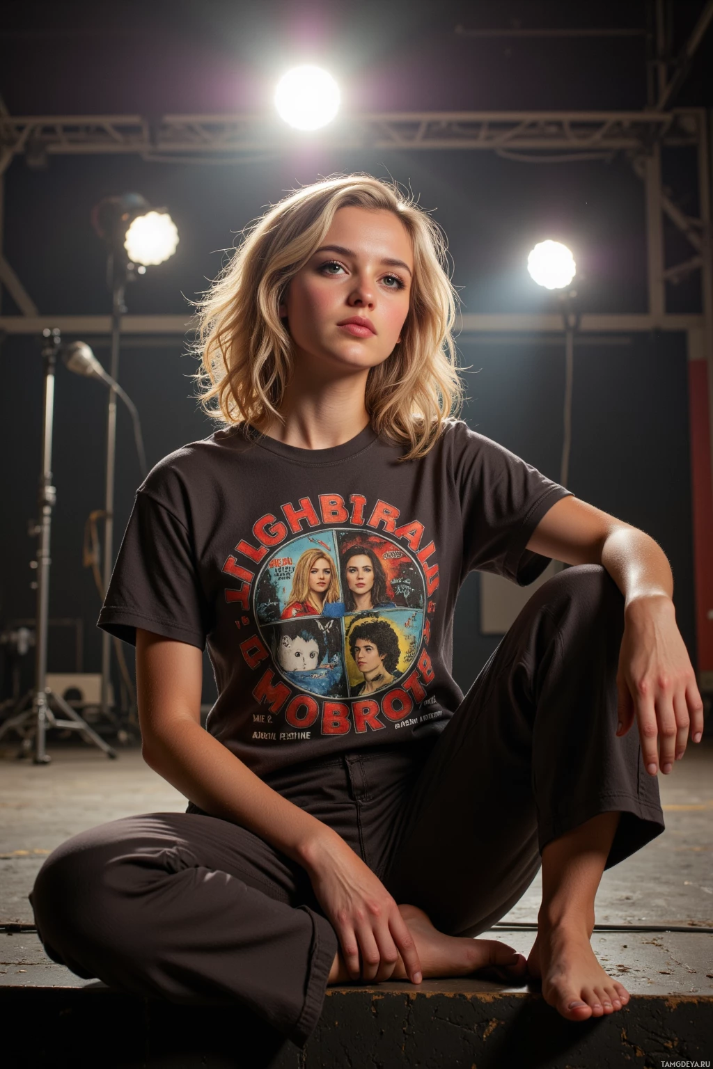Realistic high quality photo. A woman, 27, with light blonde voluminous curls, pale skin, green eyes, wearing a vintage band t-shirt and flowing wide-leg pants, sits on the edge of a film set under soft studio lights, holding a lone microphone, with a contemplative expression as she ponders her creative journey.