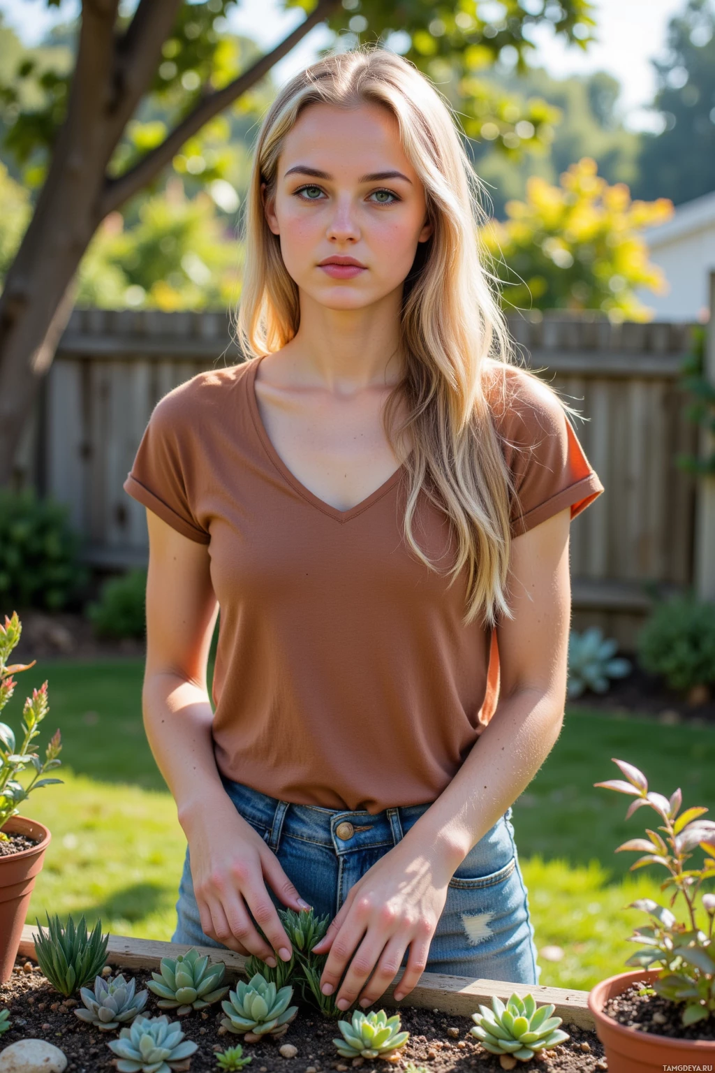 Realistic high quality photo. A 26‑year‑old woman with long golden blonde hair and bright green eyes, wearing a loose earth‑toned top and well‑worn jeans, standing in a sunlit backyard garden arranging succulents into neat rows on the soil, surrounded by potted plants, with dappled early morning light filtering through nearby trees and a shaded corner to retreat to.