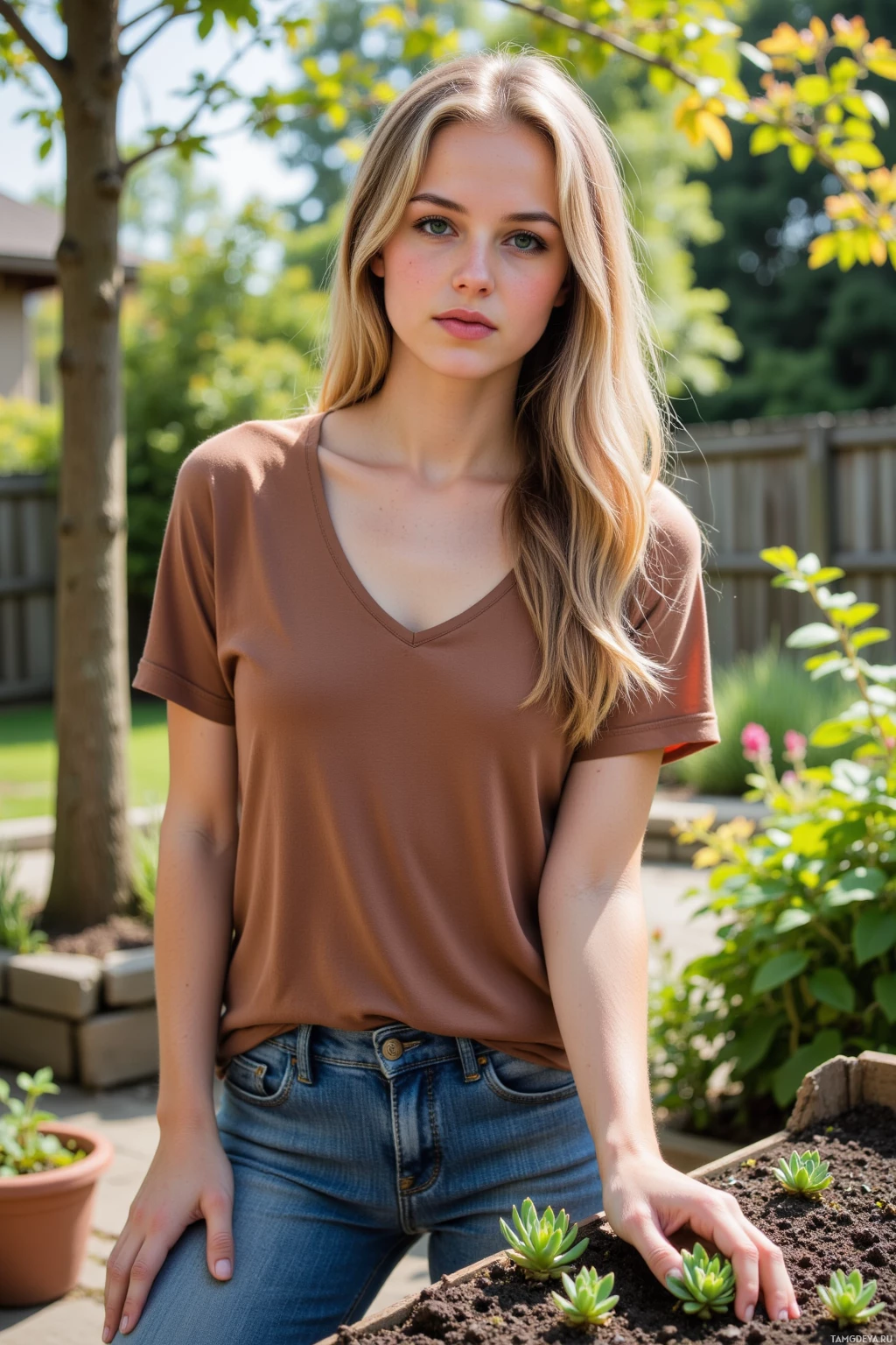 Realistic high quality photo. A 26‑year‑old woman with long golden blonde hair and bright green eyes, wearing a loose earth‑toned top and well‑worn jeans, standing in a sunlit backyard garden arranging succulents into neat rows on the soil, surrounded by potted plants, with dappled early morning light filtering through nearby trees and a shaded corner to retreat to.