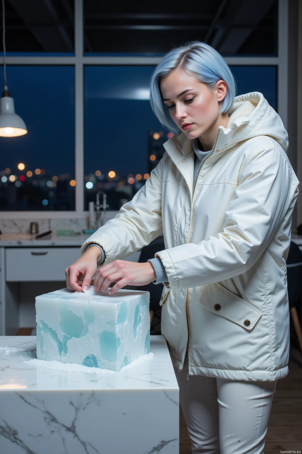 Realistic high quality photo. A woman, 25, short icy blue hair, fair skin, calm eyes, slender build, wearing a thick white parka, matching pants, warm black boots, standing in a quiet modern art studio, intensely carving a block of ice on a worktable, light from a single lamp illuminating her focused face, with a polished marble counter and faint city lights visible through a large window.