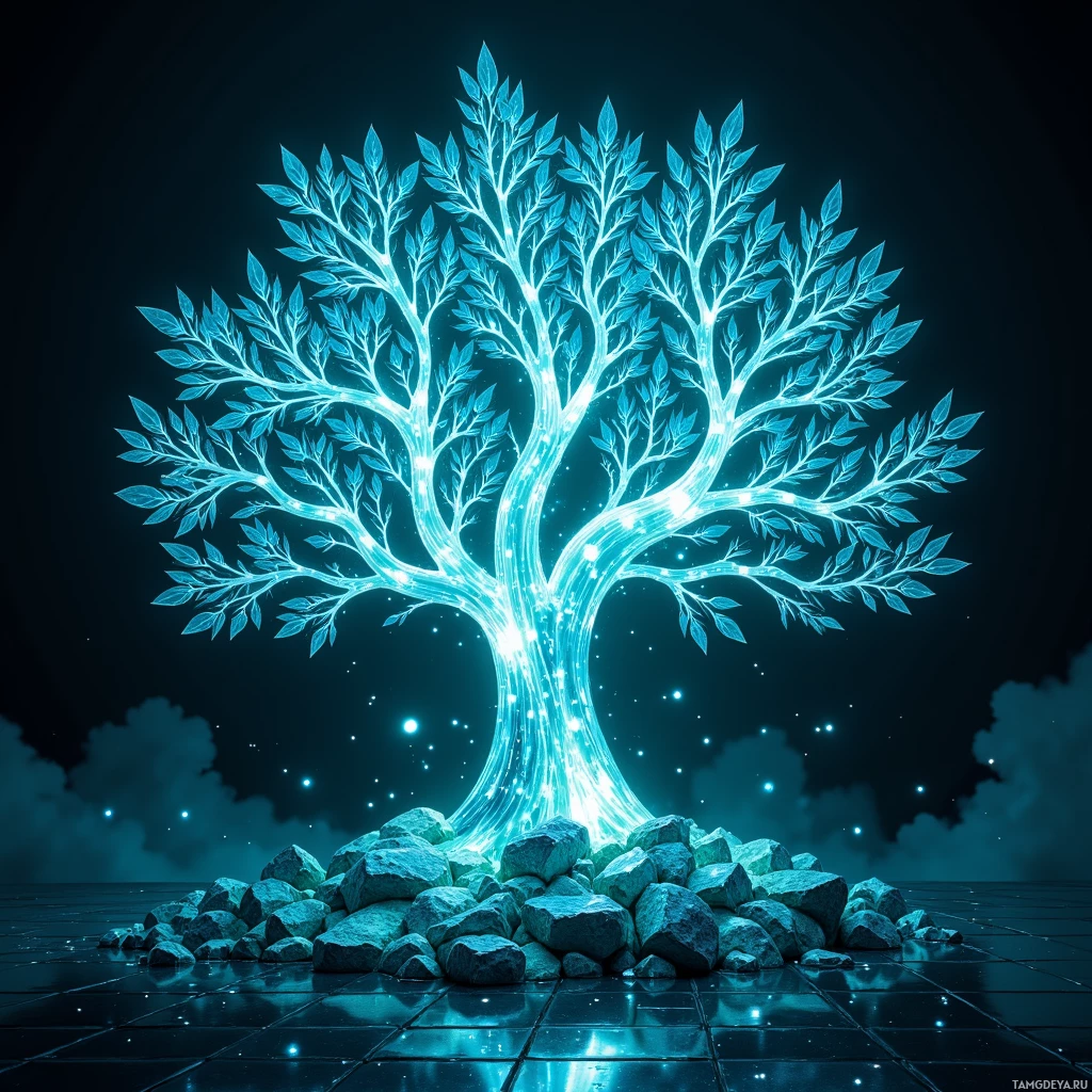 Semi-abstract image with many light, that is suitable for the post:  A living data tree with translucent crystal‑like branches, a glowing bioluminescent LED canopy, leaf‑shaped miniature heat‑pump panels, a carbon‑capture core, and embedded silicon nanoparticles, all shimmering in cool blue‑green and silver tones.