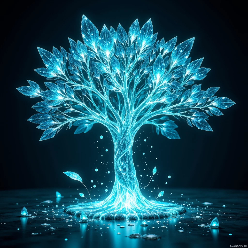 Semi-abstract image with many light, that is suitable for the post:  A living data tree with translucent crystal‑like branches, a glowing bioluminescent LED canopy, leaf‑shaped miniature heat‑pump panels, a carbon‑capture core, and embedded silicon nanoparticles, all shimmering in cool blue‑green and silver tones.