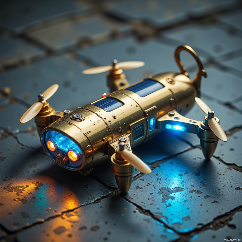 Semi-abstract image with many light, that is suitable for the post:  hand‑cranked solar‑powered mini drone shaped like a vintage brass cylinder, polished steel body rimmed in brass, subtle blue glow when activated, with a retractable magnetic hook for clinging to concrete and steel surfaces.