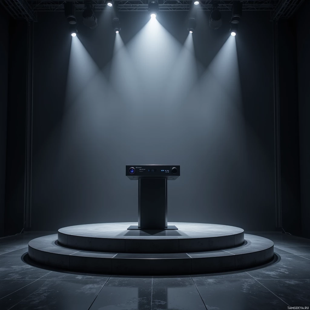Semi-abstract image with many light, that is suitable for the post:  sleek matte‑black portable stage with a central touch‑panel, integrated smart lighting, a high‑definition camera lens, and a built‑in holographic projector, compact podium‑like design with subtle chrome accents.