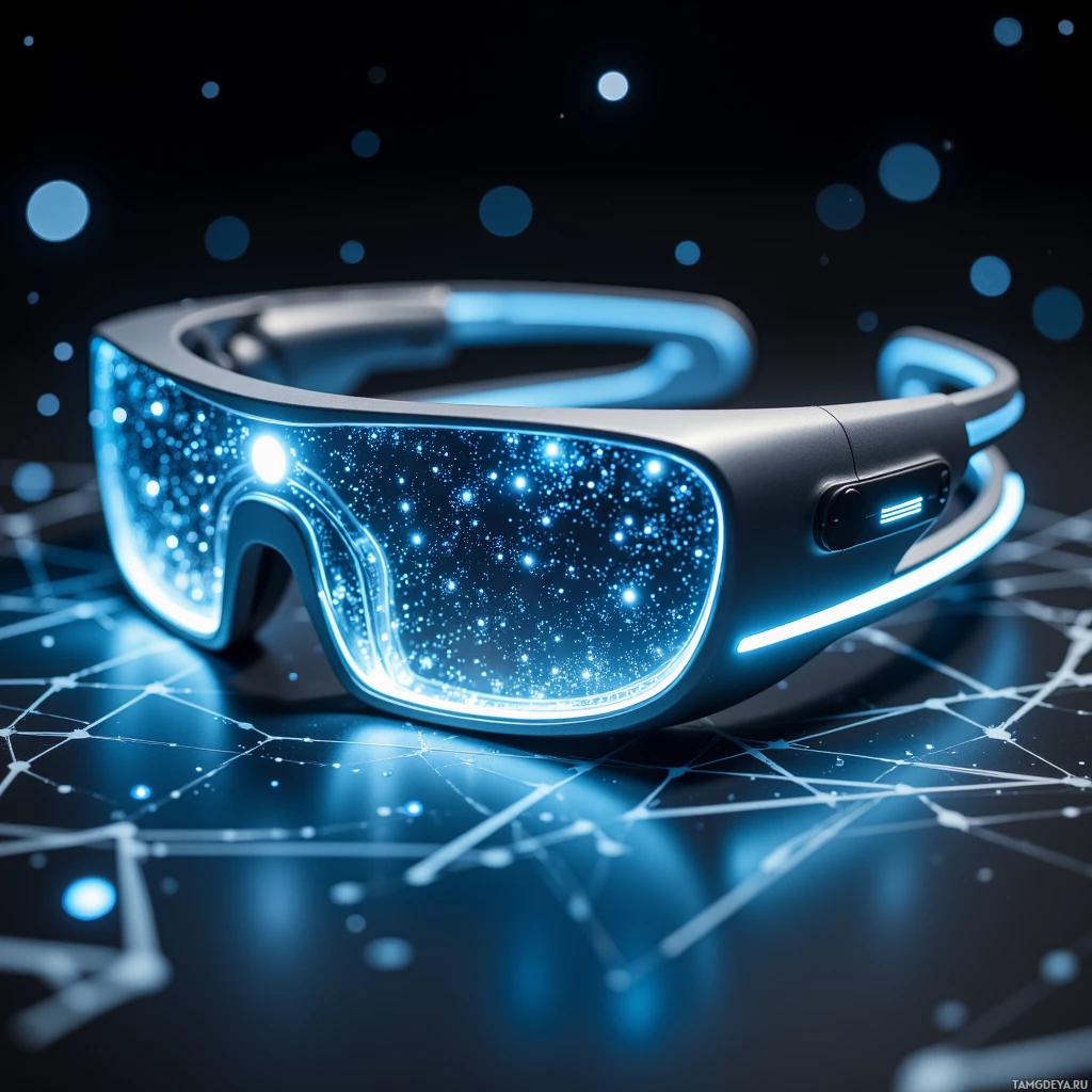 Semi-abstract image with many light, that is suitable for the post:  Titanium frame 3 mm thick, matte finish with polished edges, housing crystal‑clear micro‑LED panels and subtle adaptive eye‑tracking sensors, minimalistic and futuristic AR headset with integrated silicon photonic processor.