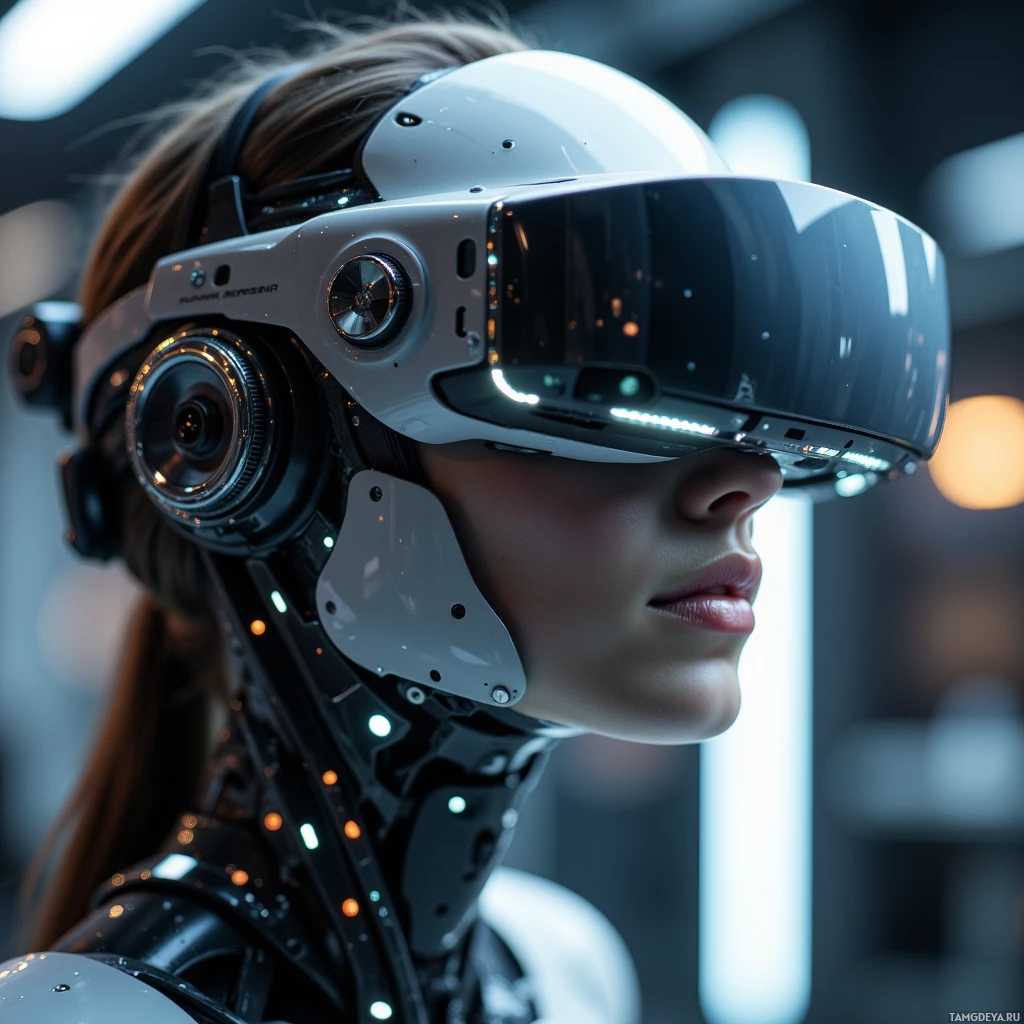 Semi-abstract image with many light, that is suitable for the post:  Titanium frame 3 mm thick, matte finish with polished edges, housing crystal‑clear micro‑LED panels and subtle adaptive eye‑tracking sensors, minimalistic and futuristic AR headset with integrated silicon photonic processor.