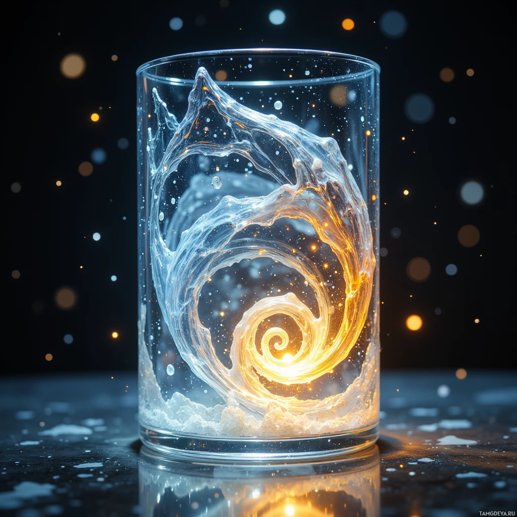 Semi-abstract image with many light, that is suitable for the post:  Sleek transparent glass cylinder, translucent, etched with iridescent spirals reminiscent of a nautilus shell, illuminated from within with soft shifting light that mimics invisible micro‑currents.