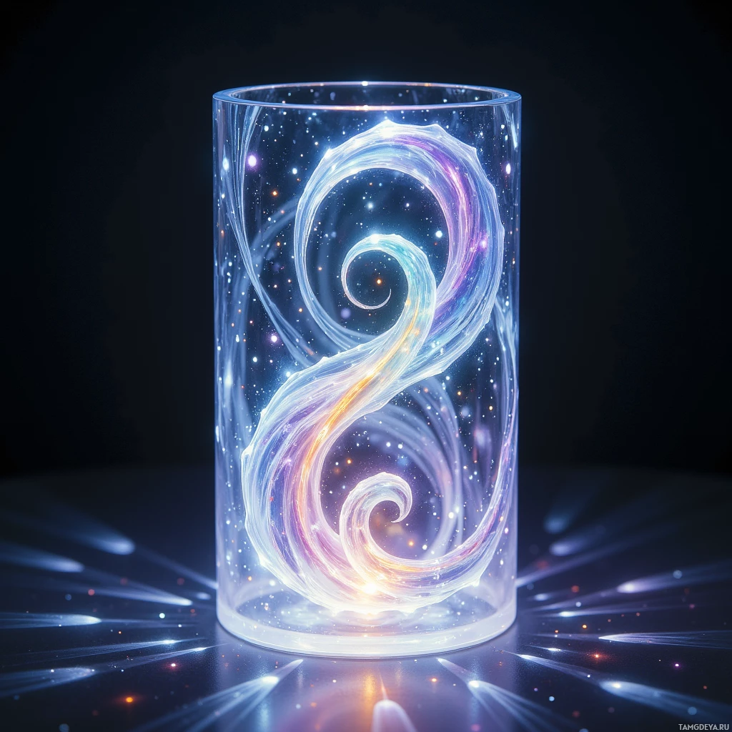 Semi-abstract image with many light, that is suitable for the post:  Sleek transparent glass cylinder, translucent, etched with iridescent spirals reminiscent of a nautilus shell, illuminated from within with soft shifting light that mimics invisible micro‑currents.