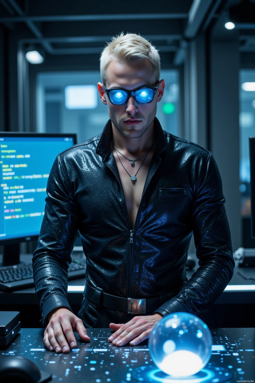 Realistic high quality photo. Tall slender male, 30, short light blonde hair in a sleek cut, bright blue almond eyes framed by glowing digital glasses, pale complexion, black high‑tech suit with shimmering threads and silver necklace with glowing orb, standing at a high‑tech workstation with twin curved monitors displaying cascading code, a tiny pulsing sphere on the desk emitting soft light, surrounded by dim ambient glow and holographic data streams in a futuristic laboratory at night.