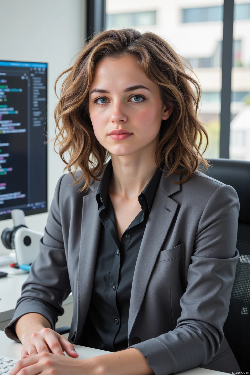 Realistic high quality photo. A woman, 34, light brown curly hair, warm blue eyes, wearing a fitted blouse, trousers, and tailored blazer, seated at a sleek office desk with dual monitors showing code and a VR museum exhibit, a VR headset resting nearby, sunlight filtering through a window, her focused, methodical posture reflecting her data science expertise.