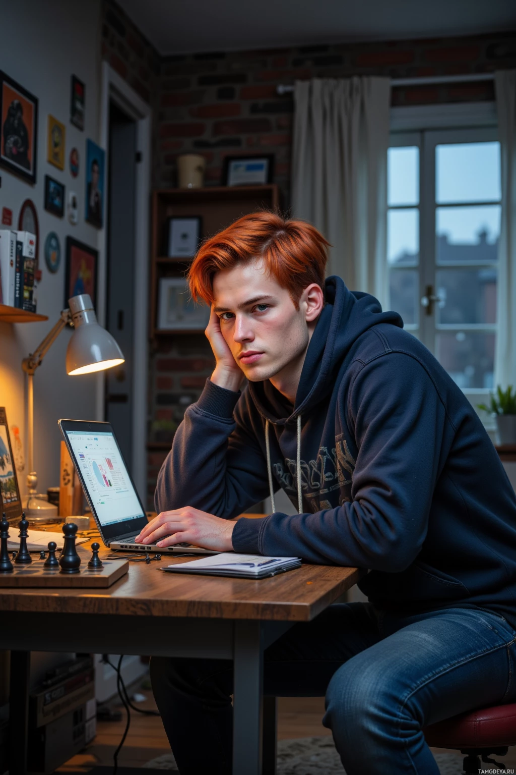 A person in a hoodie sits at a desk with a laptop, chessboard, and notebook, in a room with brick walls and framed pictures.