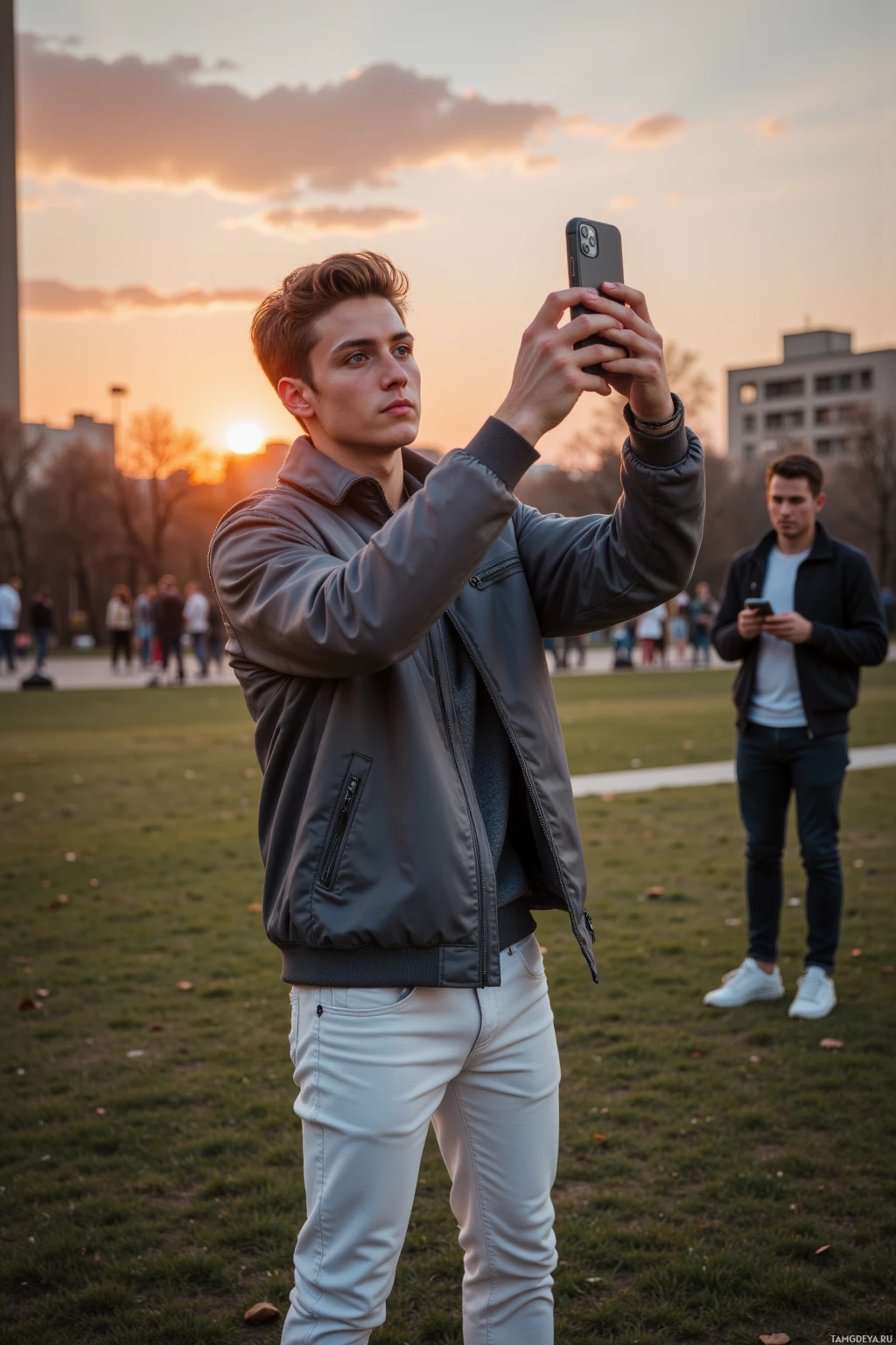 A young man takes a photo with his phone in a park at sunset.