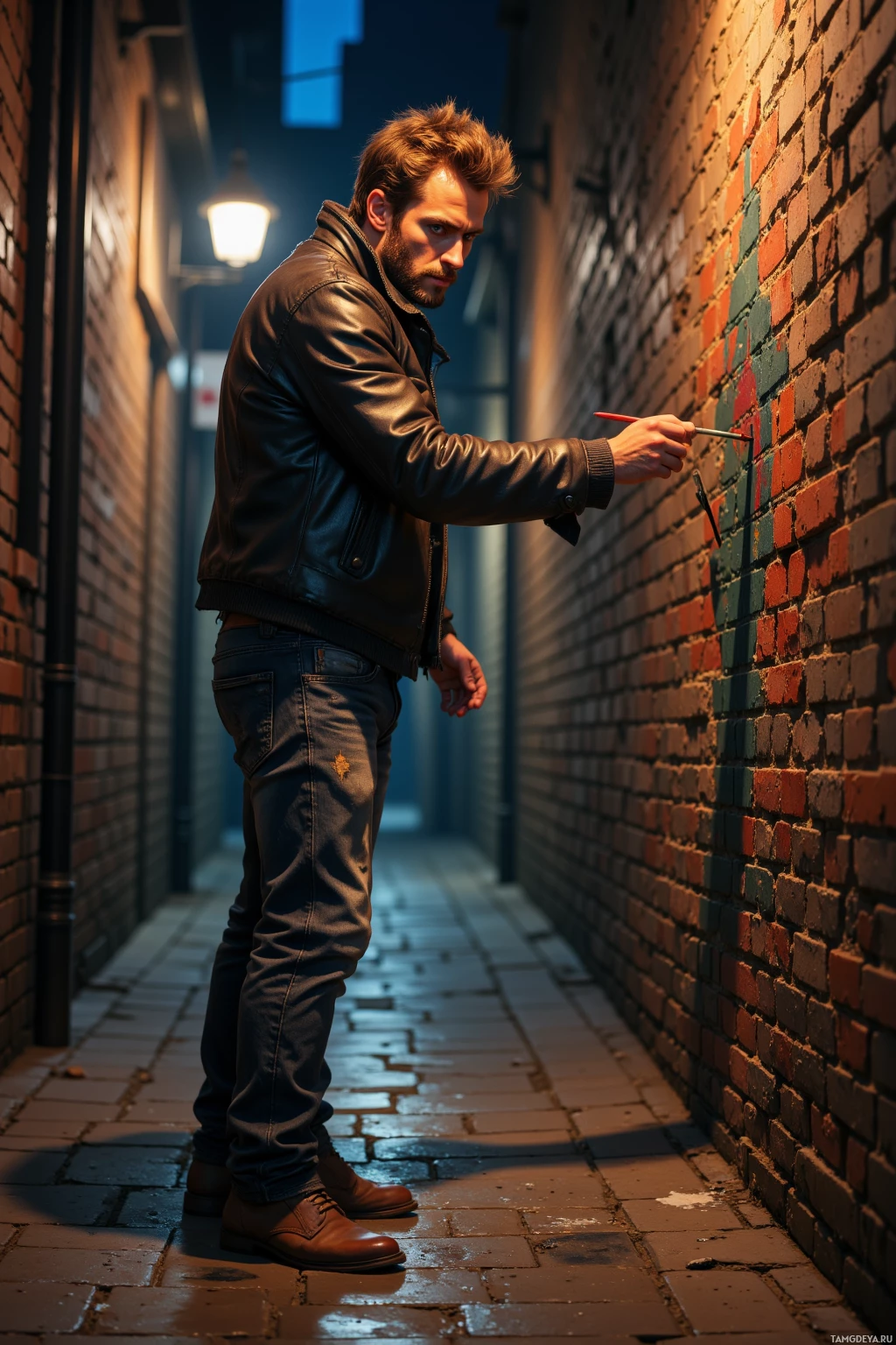 A man in a leather jacket and jeans is painting on a brick wall in a dimly lit alleyway.