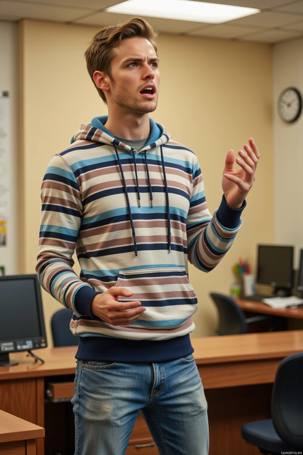 A man in a striped hoodie and jeans stands in an office, gesturing with his hands.