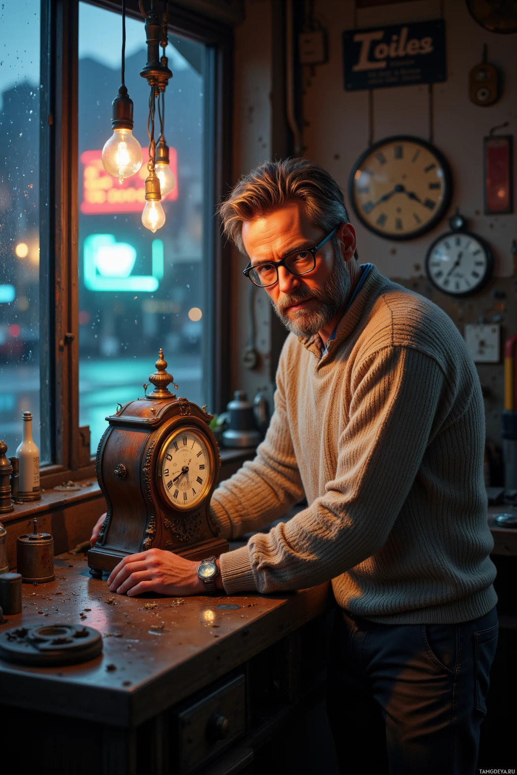 A man in a sweater leans against a desk in a workshop, looking out a window with a cityscape and neon lights visible outside.