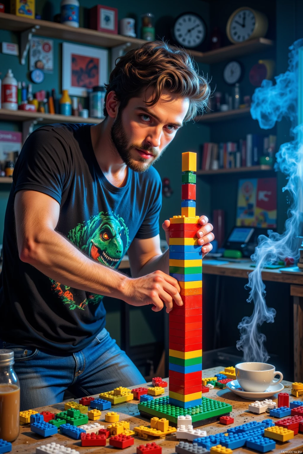 A person is building a colorful tower with LEGO bricks on a table.