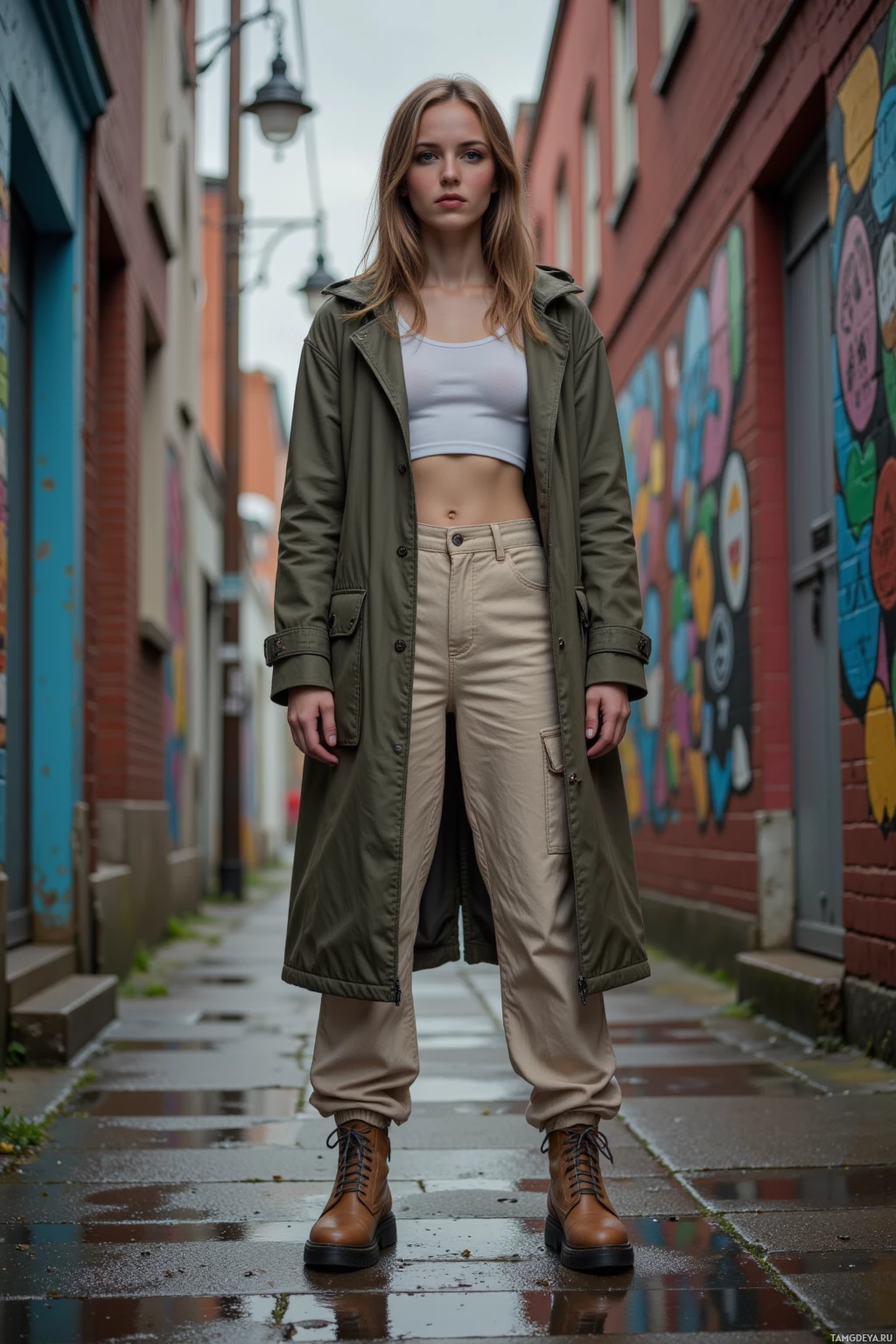 A person stands in an alleyway wearing a long olive green coat, white crop top, beige pants, and brown boots.