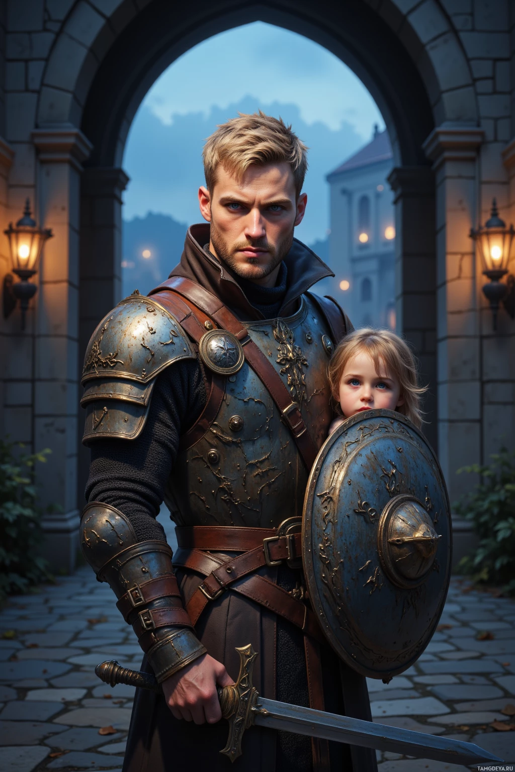 A man in medieval armor stands with a young child, both holding a shield and sword, in a stone courtyard.
