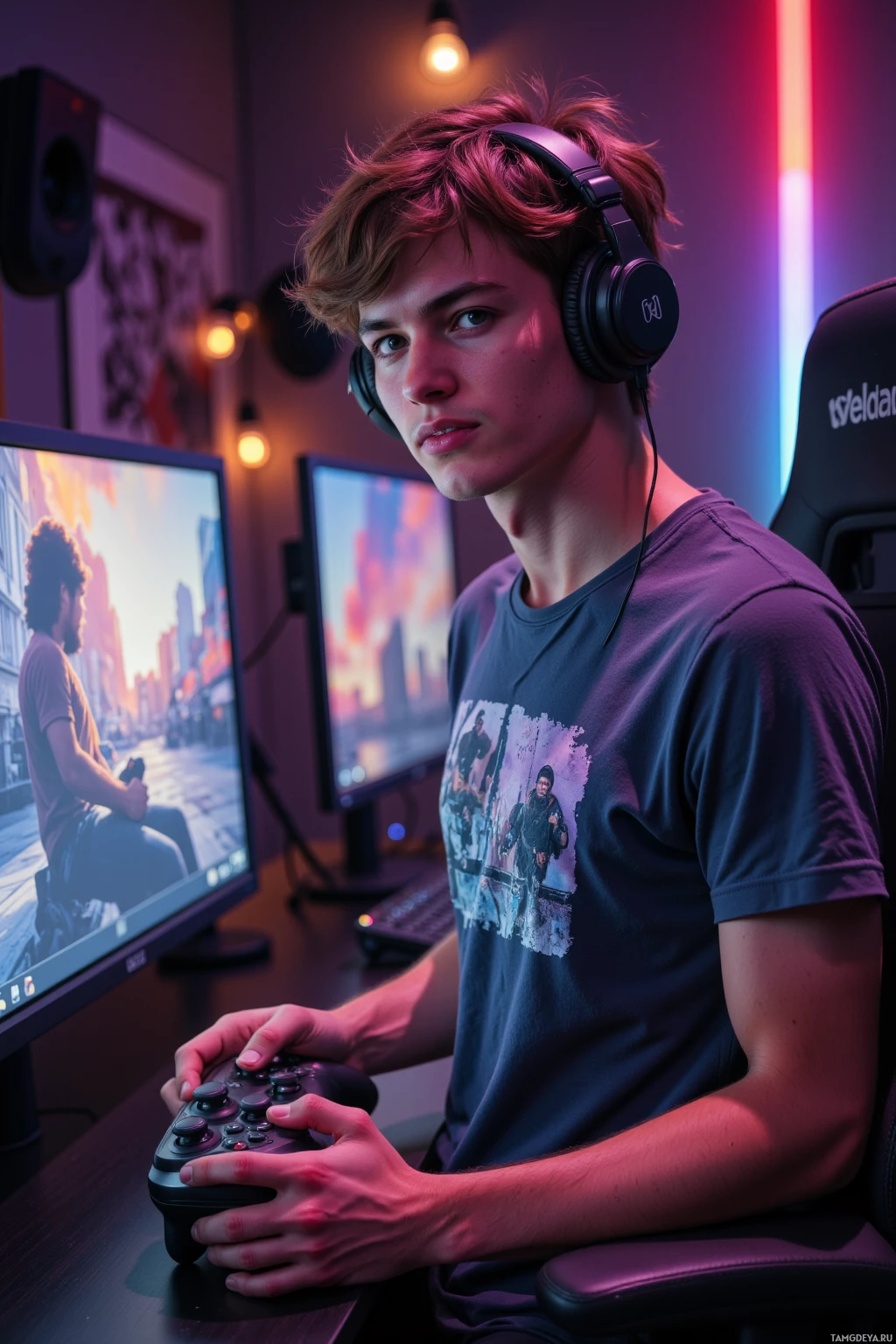 A young man wearing headphones sits in a gaming setup, holding a controller and looking at a monitor displaying a cityscape.