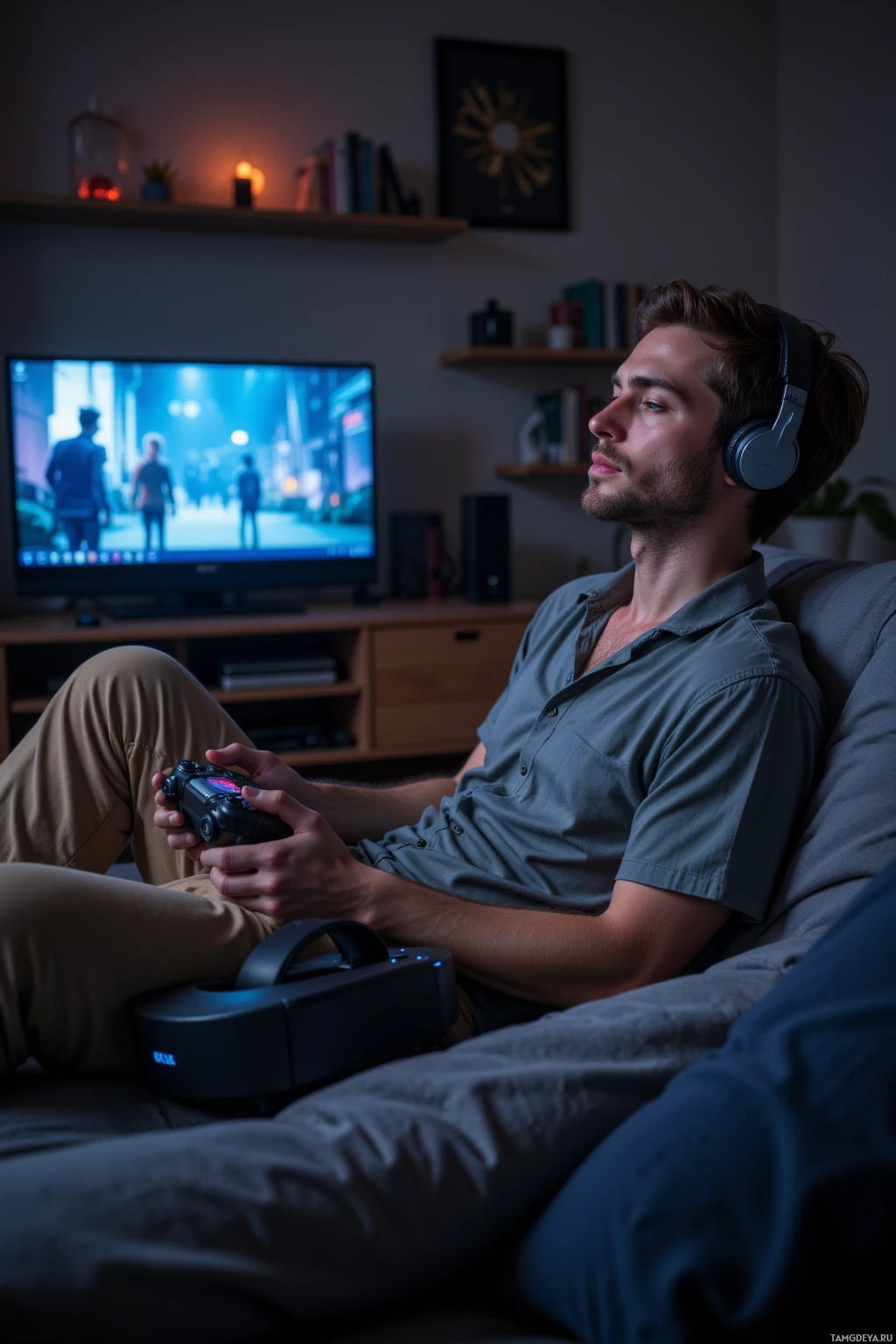 A man wearing headphones sits on a couch, holding a gaming controller, and watches a TV screen.