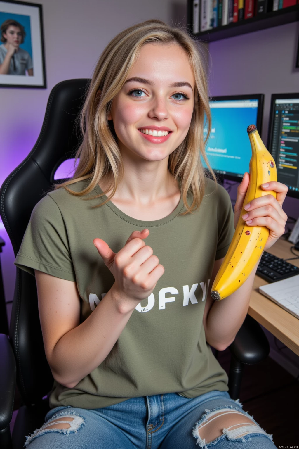 A person in a casual outfit is sitting in a chair, holding a banana and giving a thumbs-up.