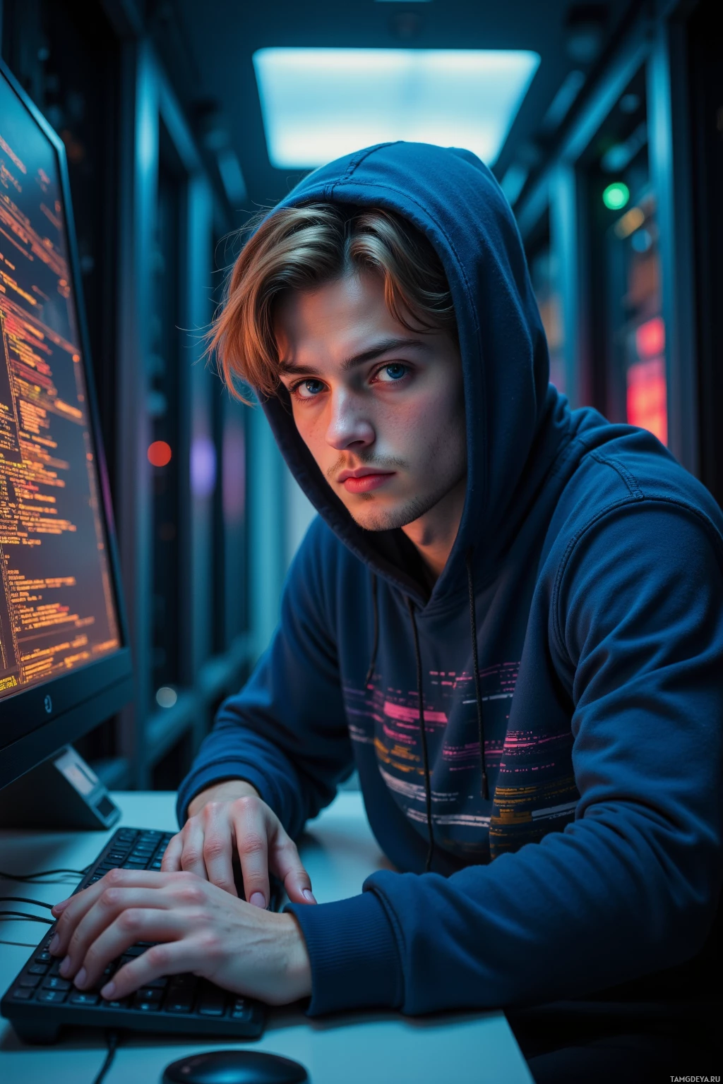 A young person wearing a hoodie is sitting at a desk, working on a computer.