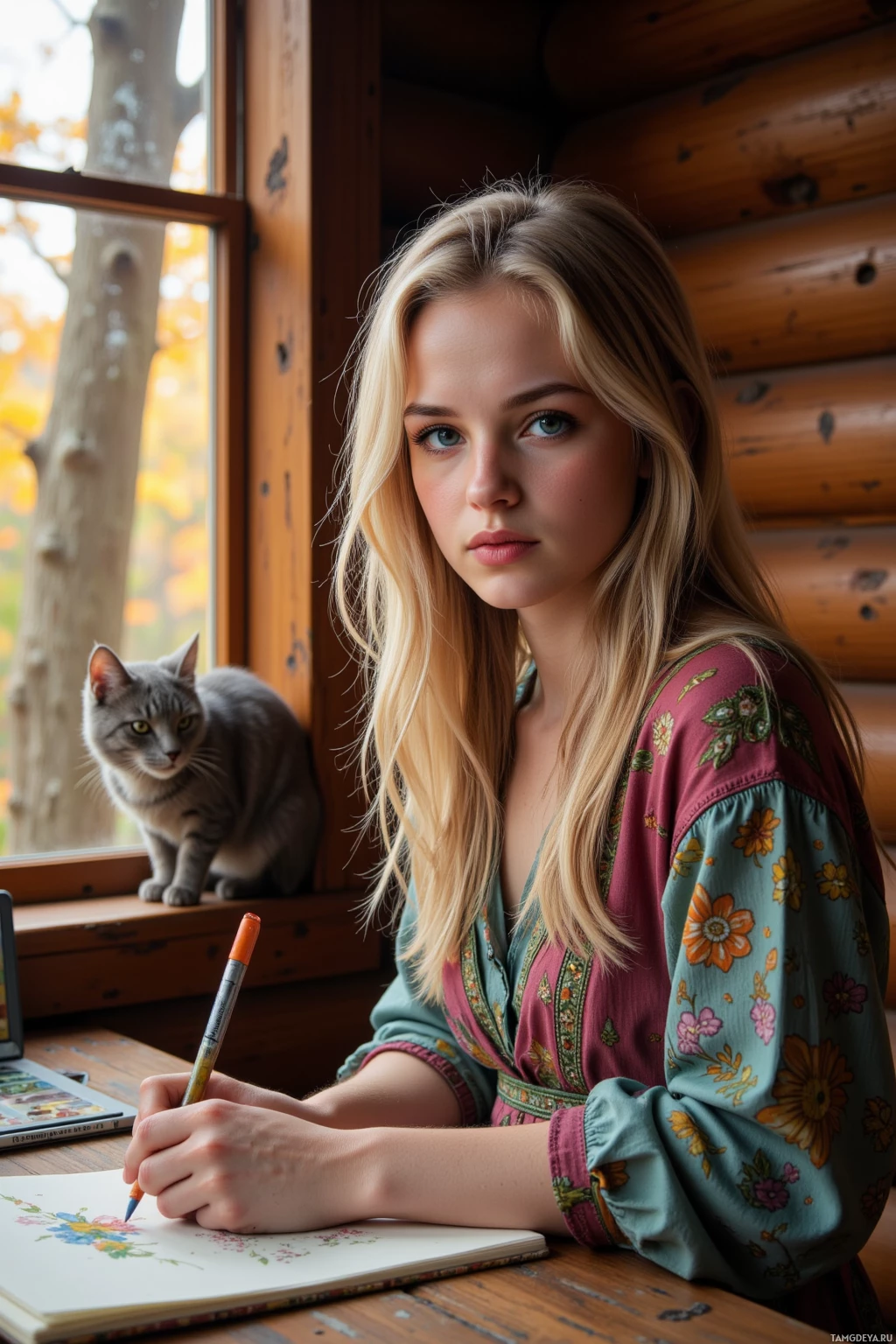A young woman with long blonde hair sits at a wooden table, drawing in a notebook with a pencil, while a cat perches on the windowsill behind her.