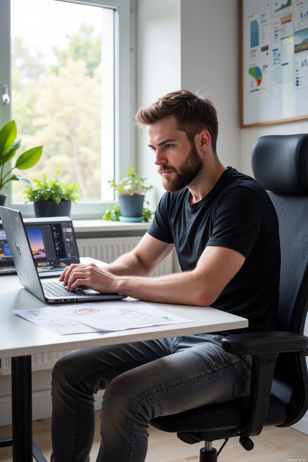 A man is seated at a desk working on a laptop in a well-lit office with a window view.
