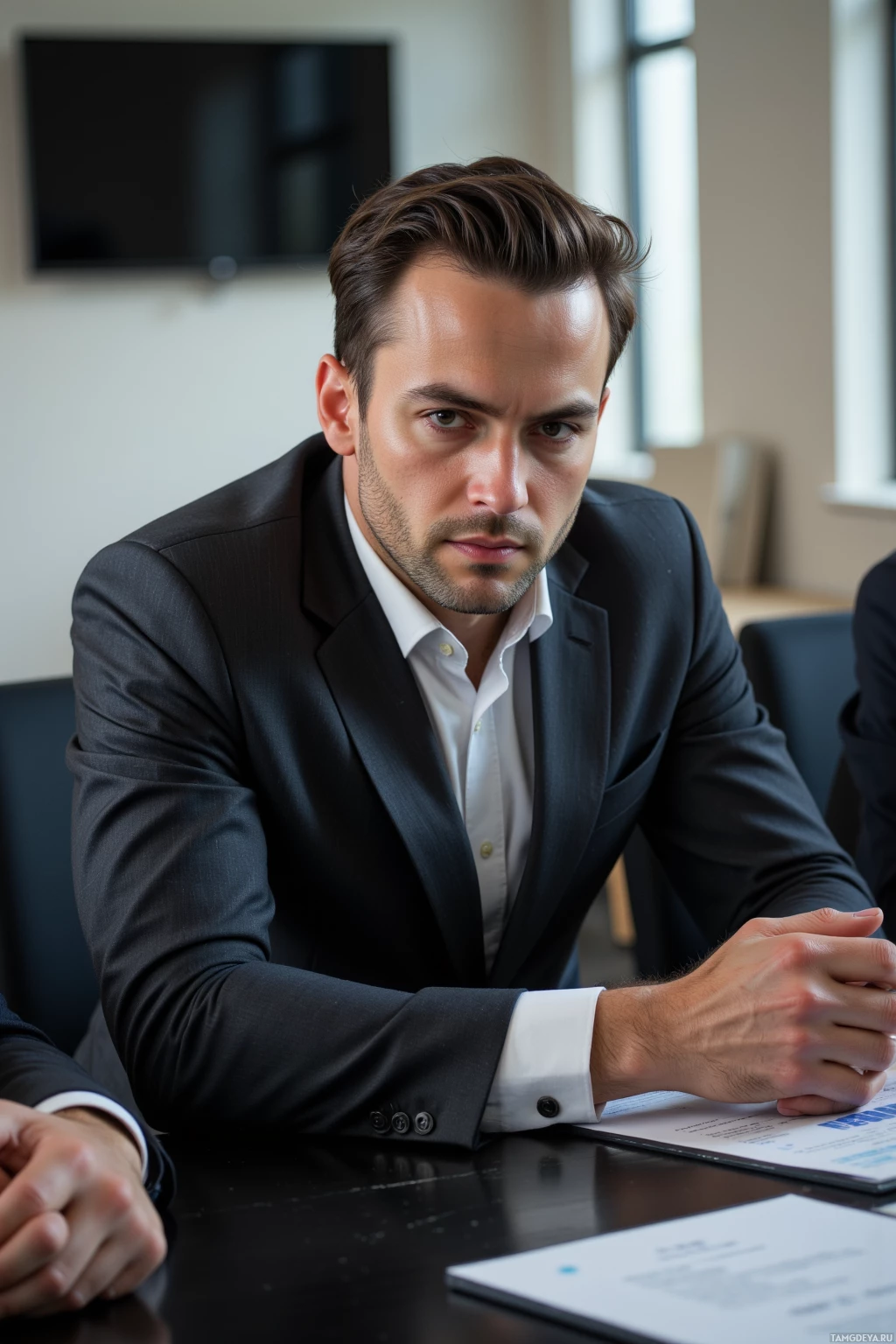 A man in a suit sits at a table in a professional setting.