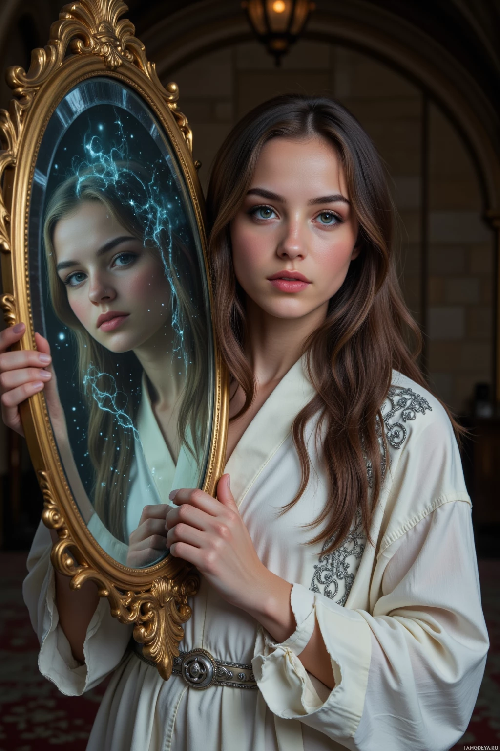 A woman in a white robe holds a golden-framed mirror reflecting a glowing, ethereal image.