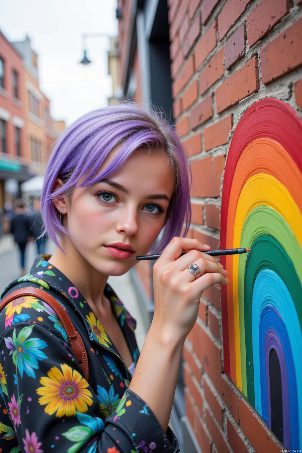 A person with purple hair paints a rainbow on a brick wall.