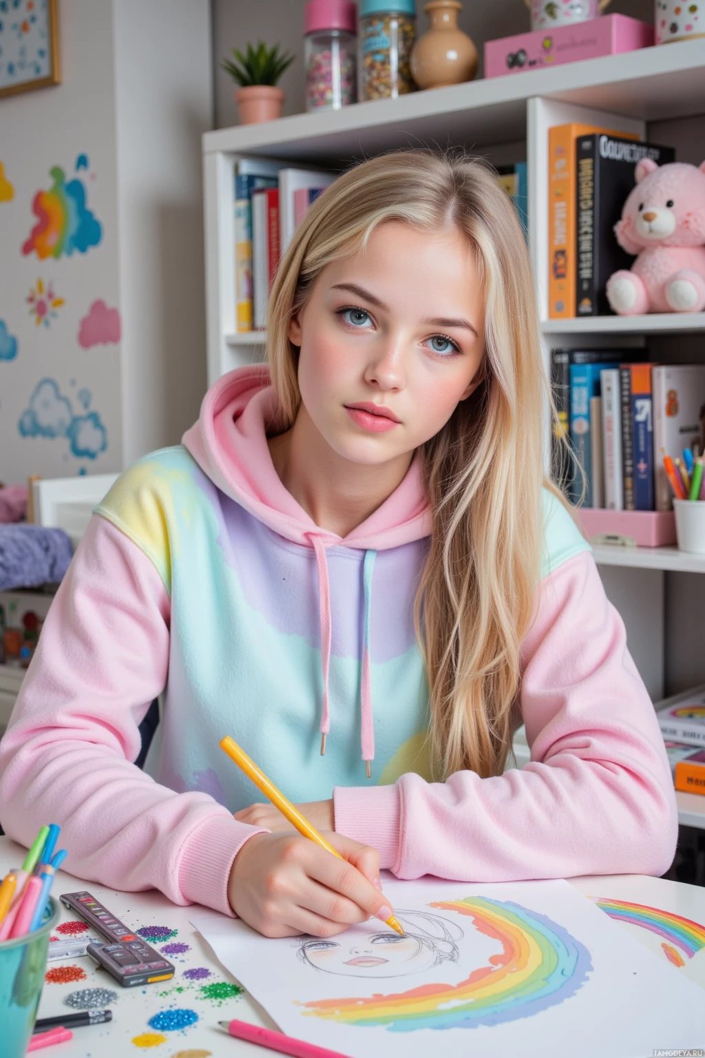 A young person wearing a pastel hoodie is coloring a rainbow on a drawing.