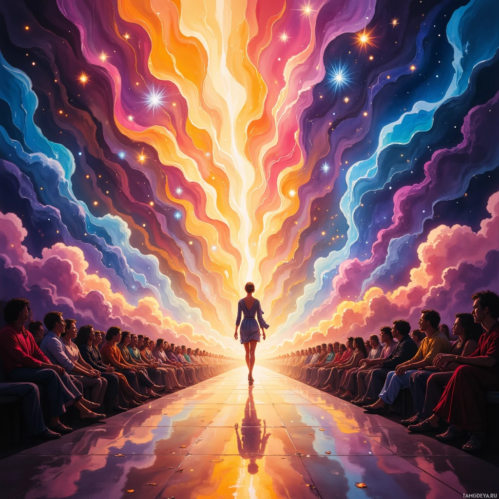 A vibrant scene of a person walking down a reflective path towards a radiant light, surrounded by a crowd of seated spectators under a starry sky.