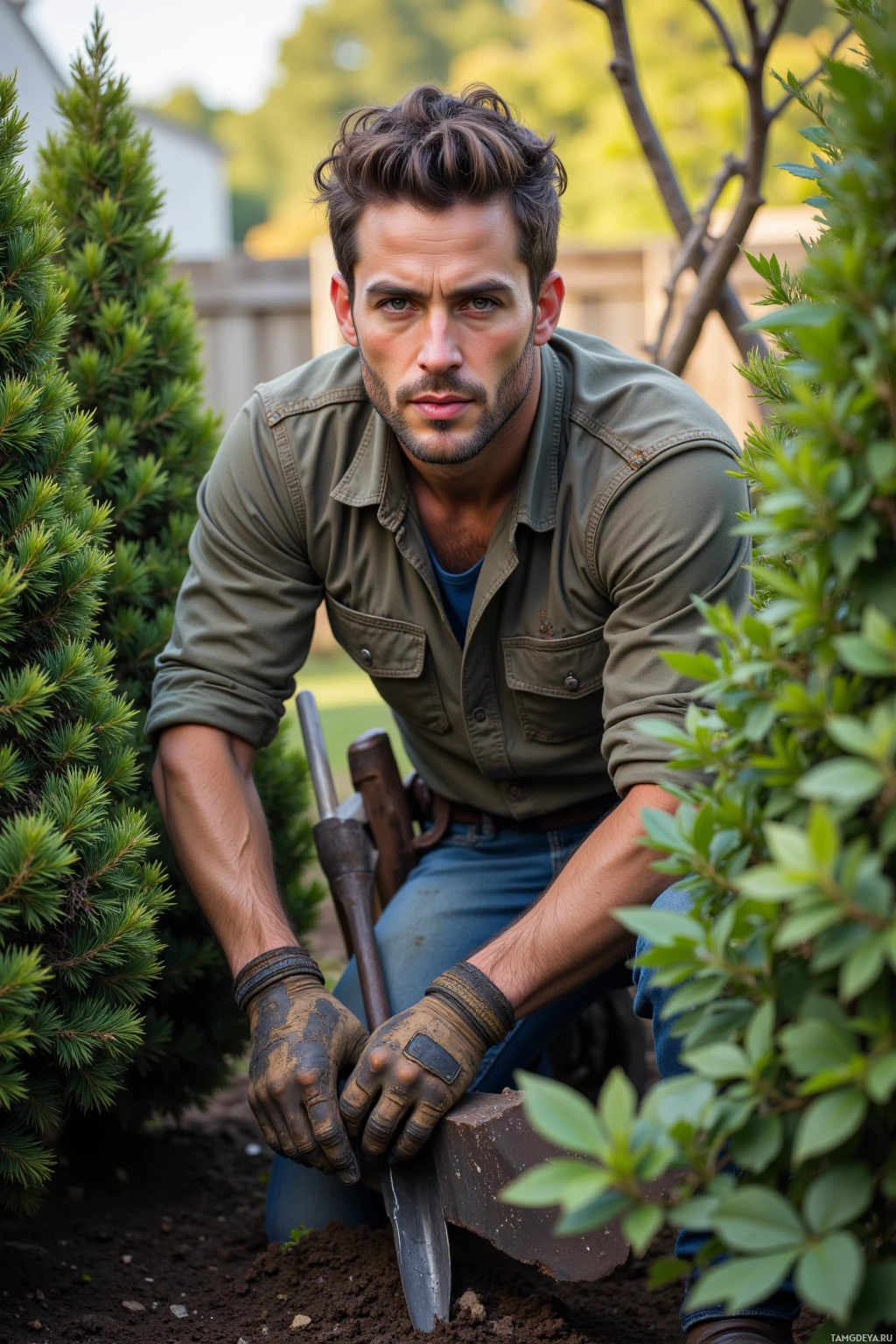 A man in a green shirt and jeans is kneeling in a garden, holding a shovel and wearing gardening gloves.