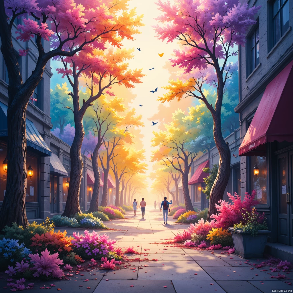 A vibrant, colorful street scene with trees, flowers, and people walking.
