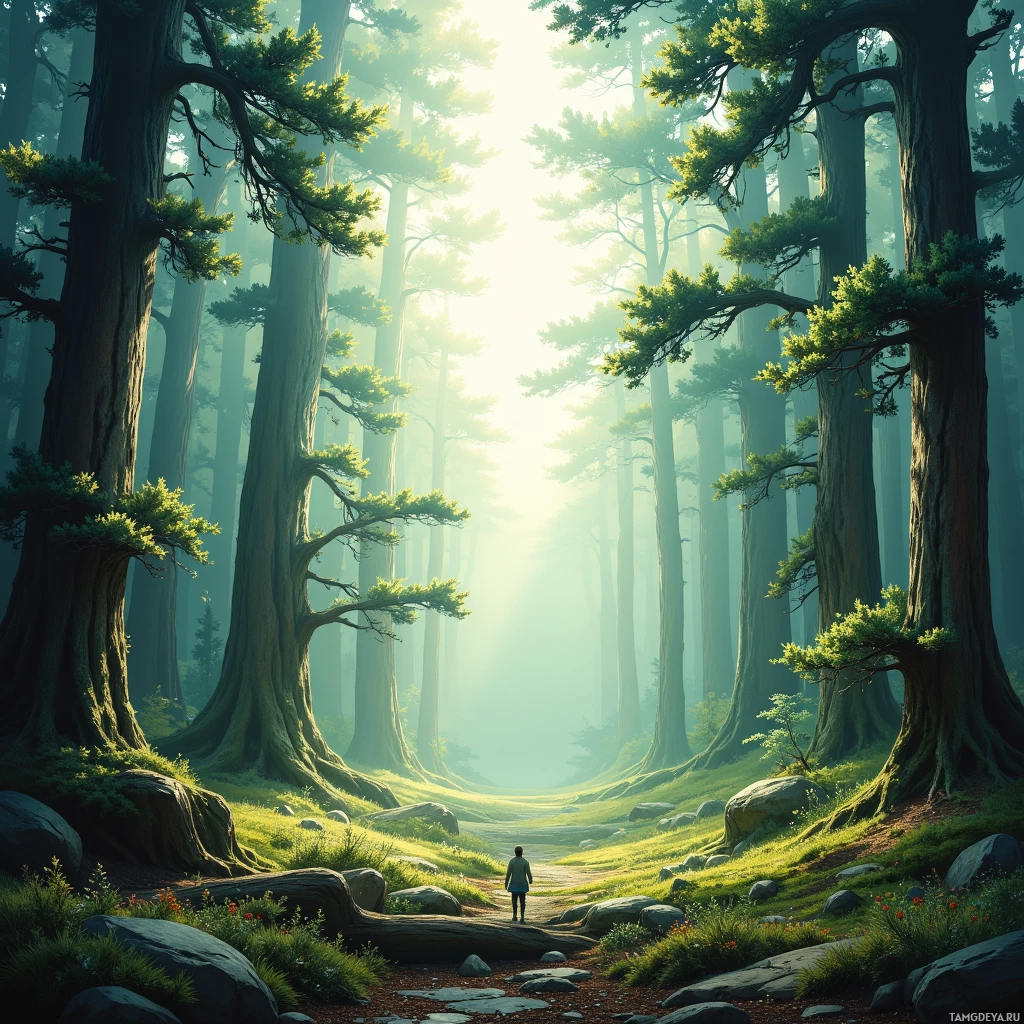 A lone figure walks along a path through a serene forest with tall trees and soft sunlight filtering through the canopy.