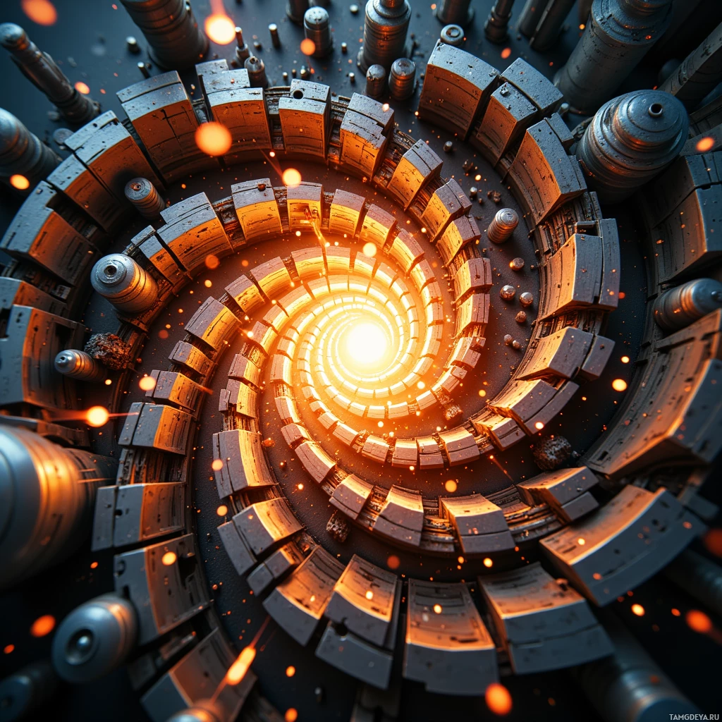 A futuristic circular structure with glowing orange lights and metallic components.