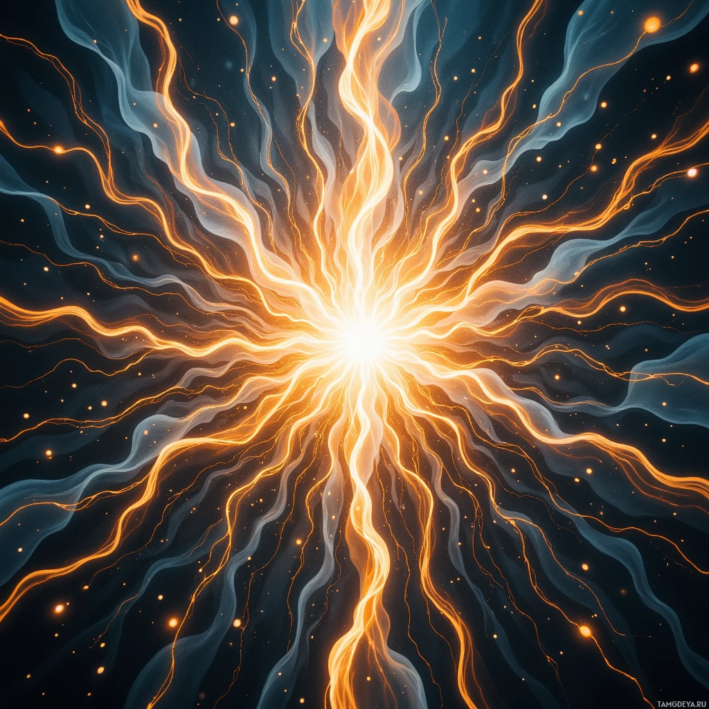 A radiant burst of glowing lines and particles radiating outward against a dark background.