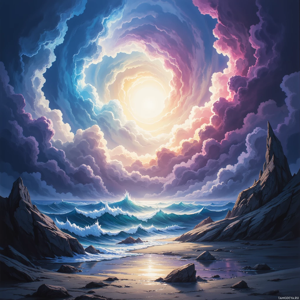 A serene coastal scene with dramatic clouds and a glowing sun creating a tunnel effect above the ocean waves and rocky shore.