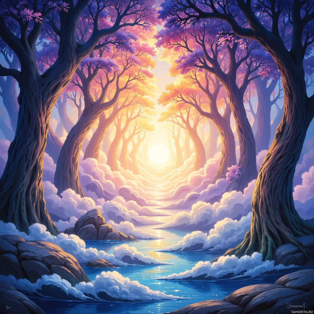 A serene landscape featuring a glowing sun through a forest of tall trees, with a calm body of water and rocky shore below.